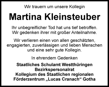 Traueranzeige von Martina Kleinsteuber von Thüringer Allgemeine, Thüringische Landeszeitung