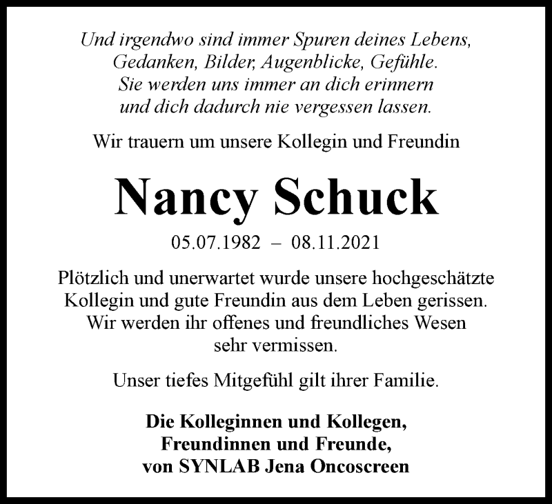  Traueranzeige für Nancy Schuck vom 20.11.2021 aus Ostthüringer Zeitung, Thüringische Landeszeitung