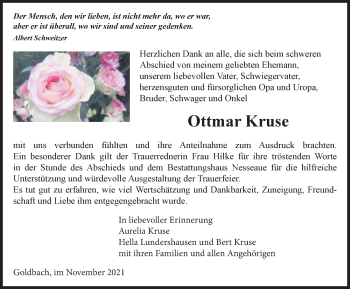 Traueranzeige von Ottmar Kruse von Thüringer Allgemeine, Thüringische Landeszeitung