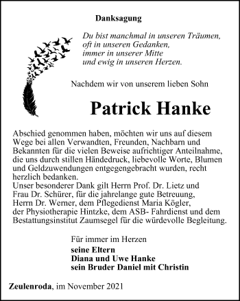 Traueranzeige von Patrick Hanke von Ostthüringer Zeitung