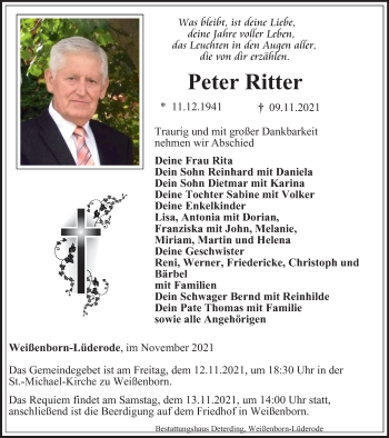 Traueranzeige von Peter Ritter von Thüringer Allgemeine