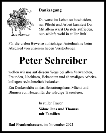 Traueranzeige von Peter Schreiber von Thüringer Allgemeine