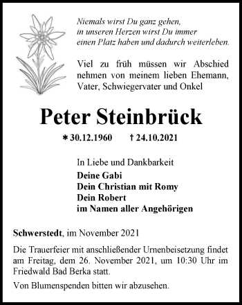 Traueranzeige von Peter Steinbrück von Thüringer Allgemeine, Thüringische Landeszeitung