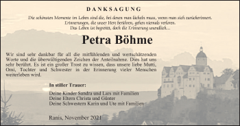 Traueranzeige von Petra Böhme von Ostthüringer Zeitung