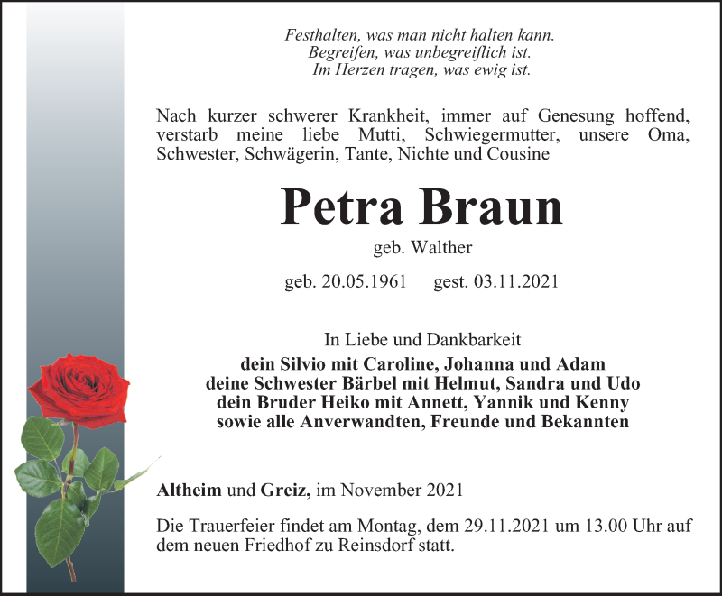  Traueranzeige für Petra Braun vom 12.11.2021 aus Ostthüringer Zeitung