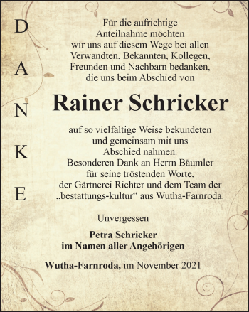 Traueranzeige von Rainer Schricker von Thüringer Allgemeine, Thüringische Landeszeitung