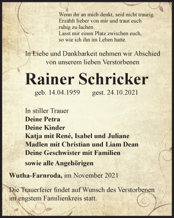 Traueranzeige von Rainer Schricker von Thüringer Allgemeine, Thüringische Landeszeitung