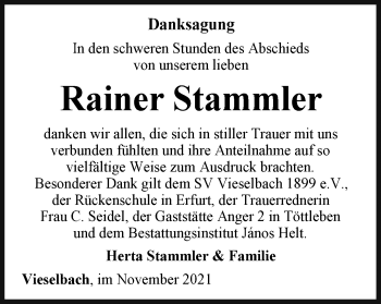 Traueranzeige von Rainer Stammler von Thüringer Allgemeine, Thüringische Landeszeitung