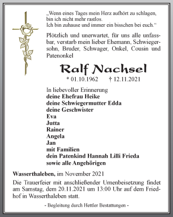 Traueranzeige von Ralf Nachsel von Thüringer Allgemeine