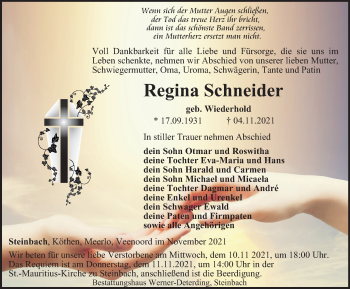 Traueranzeige von Regina Schneider von Thüringer Allgemeine