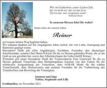 Traueranzeige von Reiner  von Thüringer Allgemeine, Thüringische Landeszeitung