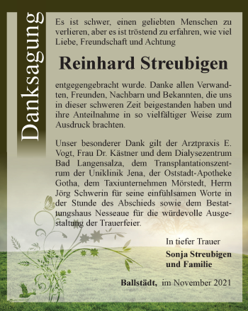 Traueranzeige von Reinhard Streubigen von Thüringer Allgemeine, Thüringische Landeszeitung