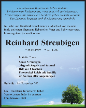 Traueranzeige von Reinhard Streubigen von Thüringer Allgemeine, Thüringische Landeszeitung