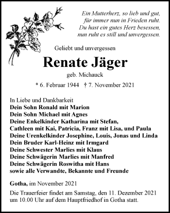 Traueranzeige von Renate Jäger