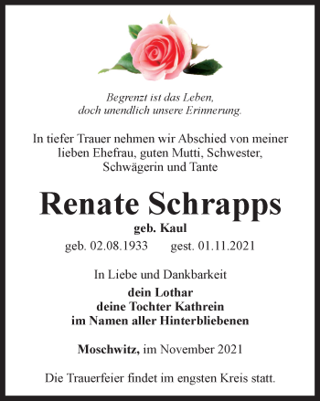 Traueranzeige von Renate Schrapps von Ostthüringer Zeitung