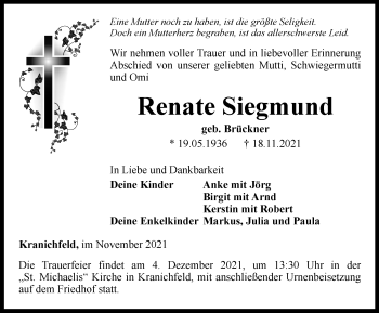 Traueranzeige von Renate Siegmund von Thüringer Allgemeine, Thüringische Landeszeitung