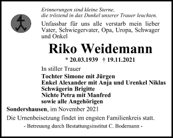 Traueranzeige von Riko Weidemann