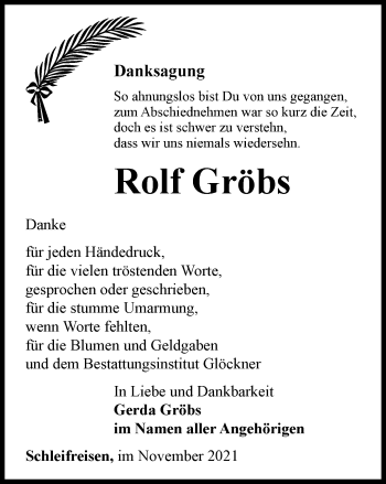 Traueranzeige von Rolf Gröbs von Ostthüringer Zeitung