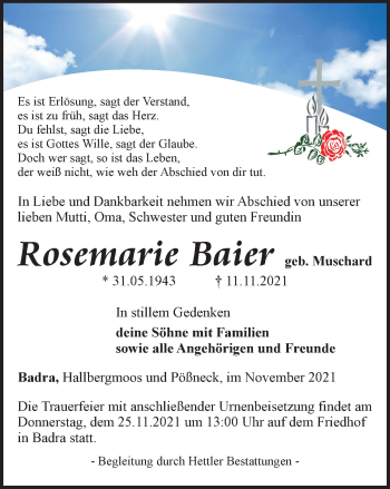 Traueranzeige von Rosemarie Baier von Thüringer Allgemeine