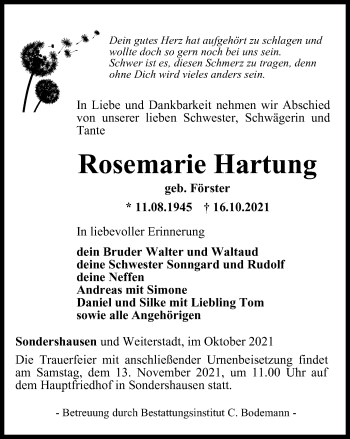 Traueranzeige von Rosemarie Hartung