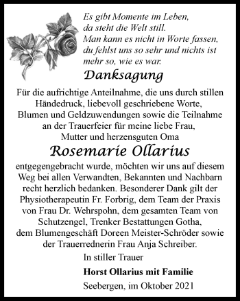 Traueranzeige von Rosemarie Ollarius von Thüringer Allgemeine, Thüringische Landeszeitung