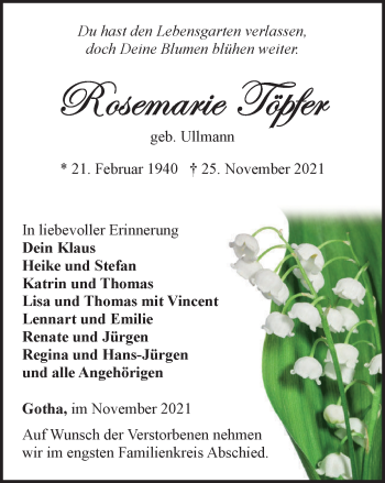 Traueranzeige von Rosemarie Töpfer