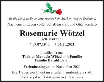 Traueranzeige von Rosemarie Wötzel