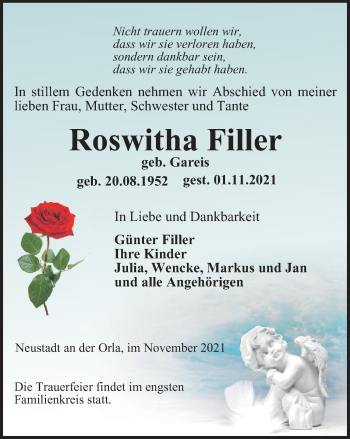 Traueranzeige von Roswitha Filler