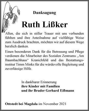 Traueranzeige von Ruth Lißker