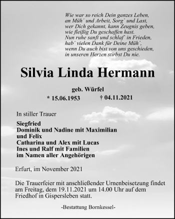 Traueranzeige von Silvia Linda Hermann von Thüringer Allgemeine, Thüringische Landeszeitung