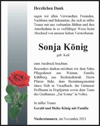 Traueranzeige von Sonja König von Thüringer Allgemeine, Thüringische Landeszeitung