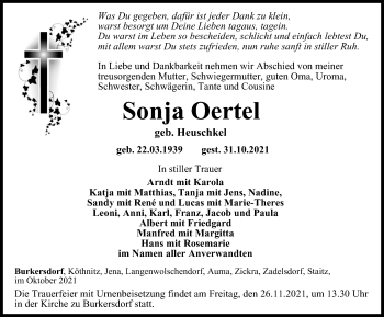 Traueranzeige von Sonja Oertel von Ostthüringer Zeitung