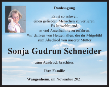 Traueranzeige von Sonja Gudrun Schneider von Thüringer Allgemeine, Thüringische Landeszeitung