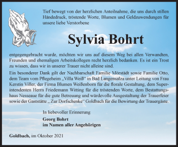 Traueranzeige von Sylvia Bohrt von Thüringer Allgemeine, Thüringische Landeszeitung