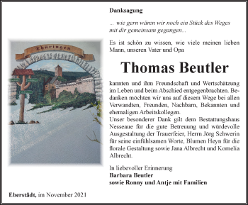 Traueranzeige von Thomas Beutler von Thüringer Allgemeine, Thüringische Landeszeitung