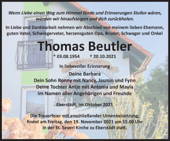 Traueranzeige von Thomas Beutler von Thüringer Allgemeine, Thüringische Landeszeitung