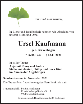 Traueranzeige von Ursel Kaufmann