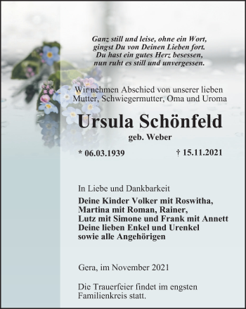 Traueranzeige von Ursula Schönfeld von Ostthüringer Zeitung