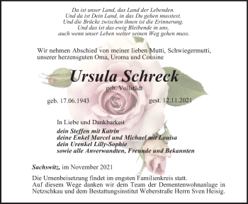 Traueranzeige von Ursula Schreck von Ostthüringer Zeitung