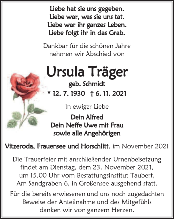 Traueranzeige von Ursula Träger von Thüringer Allgemeine, Thüringische Landeszeitung