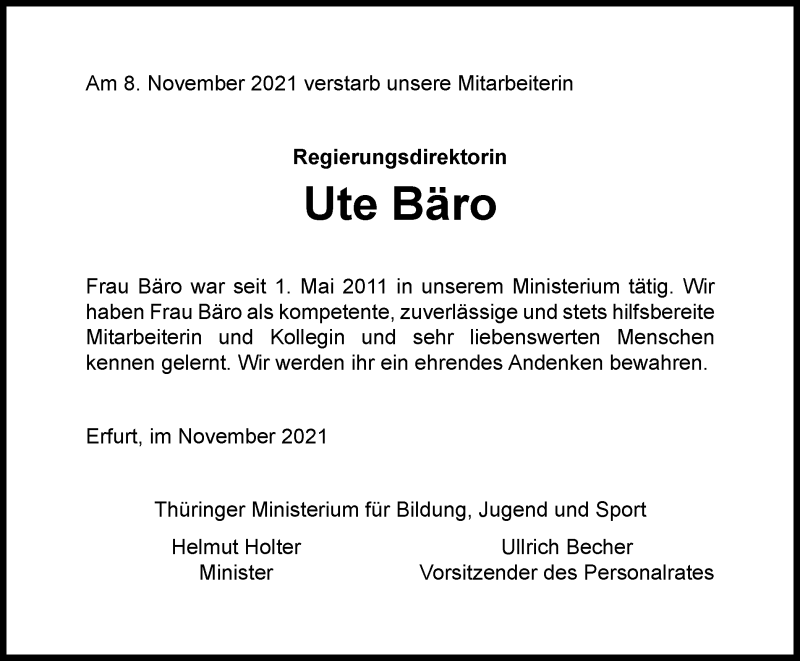  Traueranzeige für Ute Bäro vom 27.11.2021 aus Thüringer Allgemeine