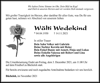 Traueranzeige von Wälti Wedekind von Thüringer Allgemeine