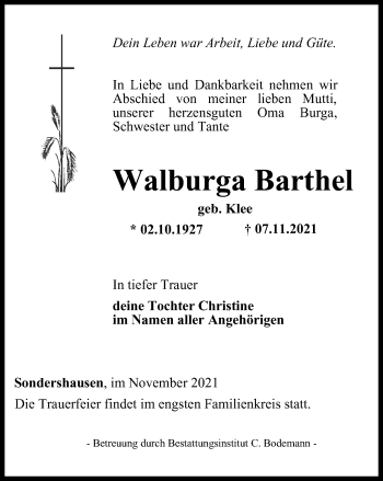 Traueranzeige von Walburga Barthel