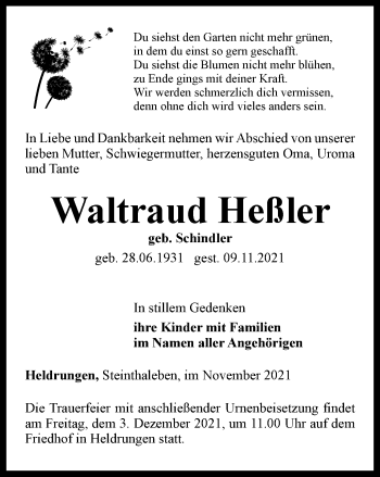 Traueranzeige von Waltraud Heßler von Thüringer Allgemeine