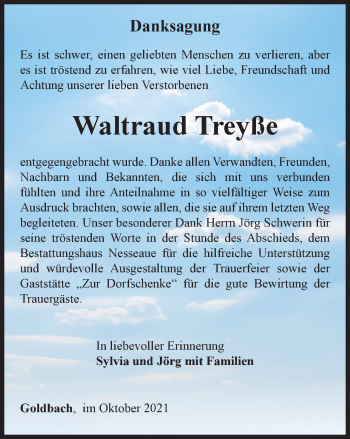 Traueranzeige von Waltraud Treyße von Thüringer Allgemeine, Thüringische Landeszeitung