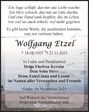 Traueranzeige von Wolfgang Etzel von Thüringer Allgemeine, Thüringische Landeszeitung