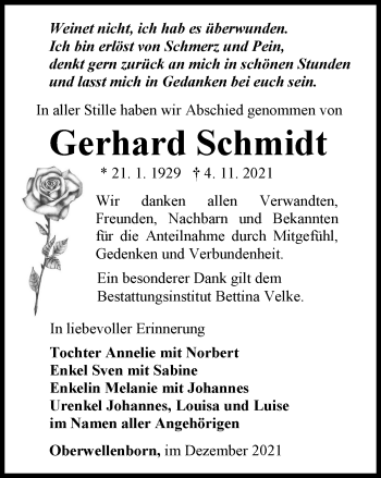 Traueranzeige von Gerhard Schmidt von Ostthüringer Zeitung