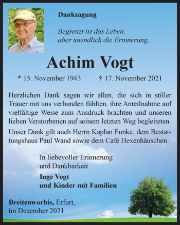 Traueranzeige von Achim Vogt von Thüringer Allgemeine