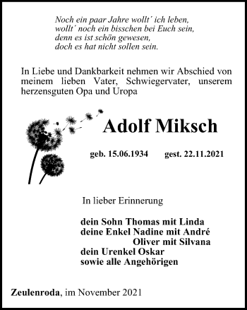 Traueranzeige von Adolf Miksch von Ostthüringer Zeitung