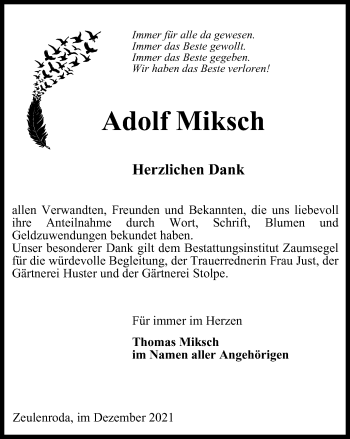 Traueranzeige von Adolf Miksch von Ostthüringer Zeitung